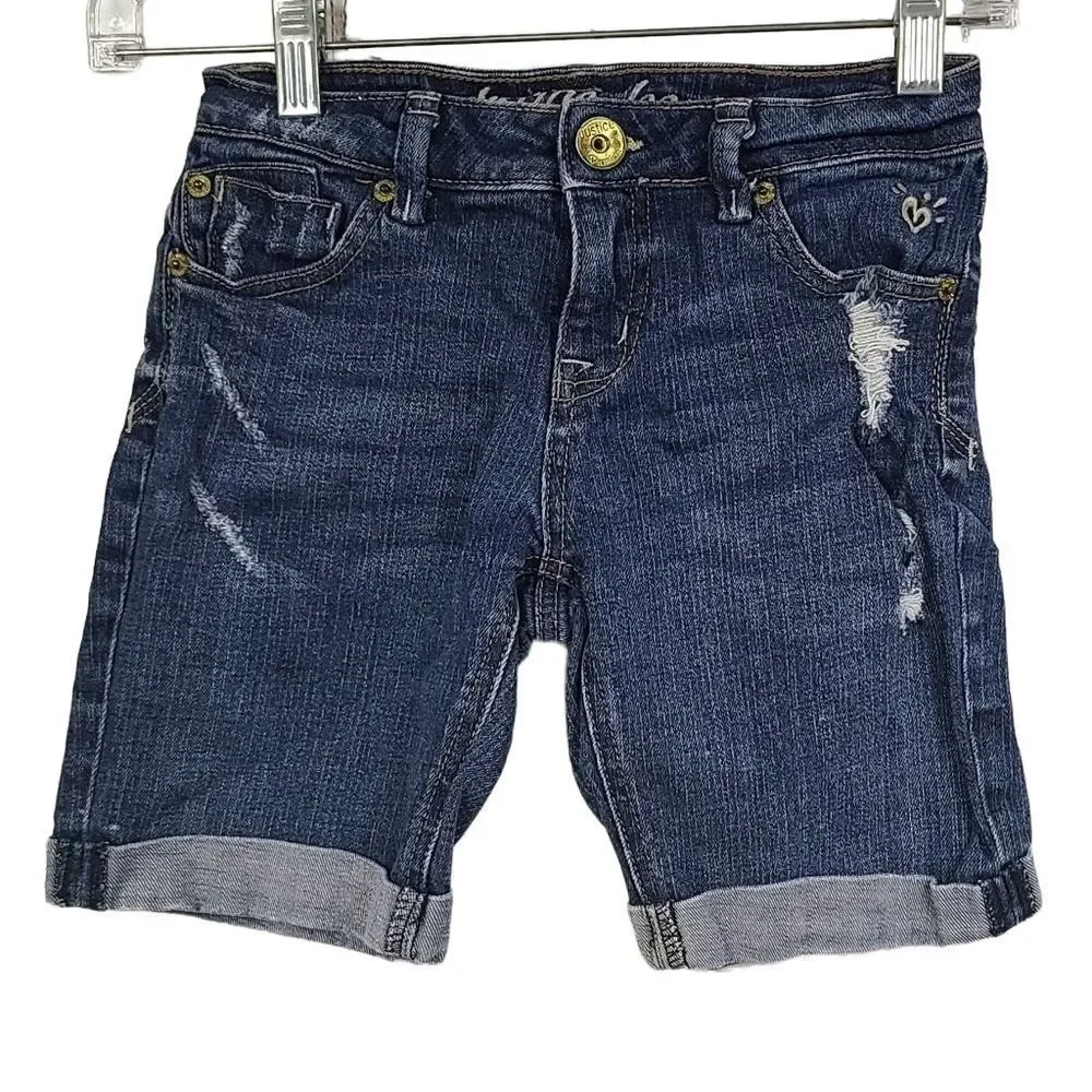 Justice Girl 8 Cotton Stretch Dark Blue Jean Bermuda Midi Short Distressed Denim